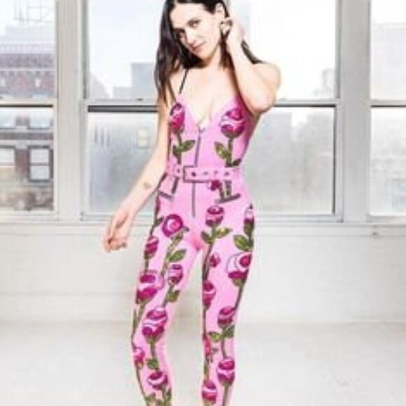 Di$count Universe Discount Jumpsuit Bodysuit Pink Roses Sequin Rave Concert Rock - Picture 1 of 5